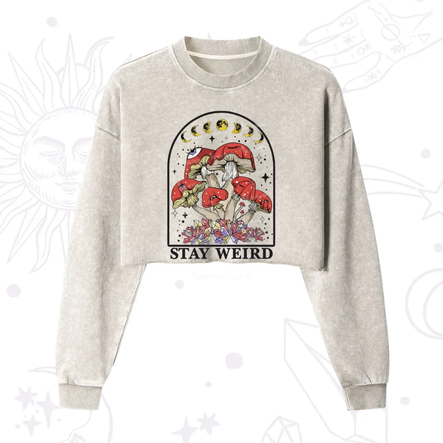 Purplehecate Stay Weird Mushroom Cropped Washed Sweatshirt