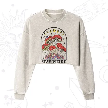 Purplehecate Stay Weird Mushroom Cropped Washed Sweatshirt