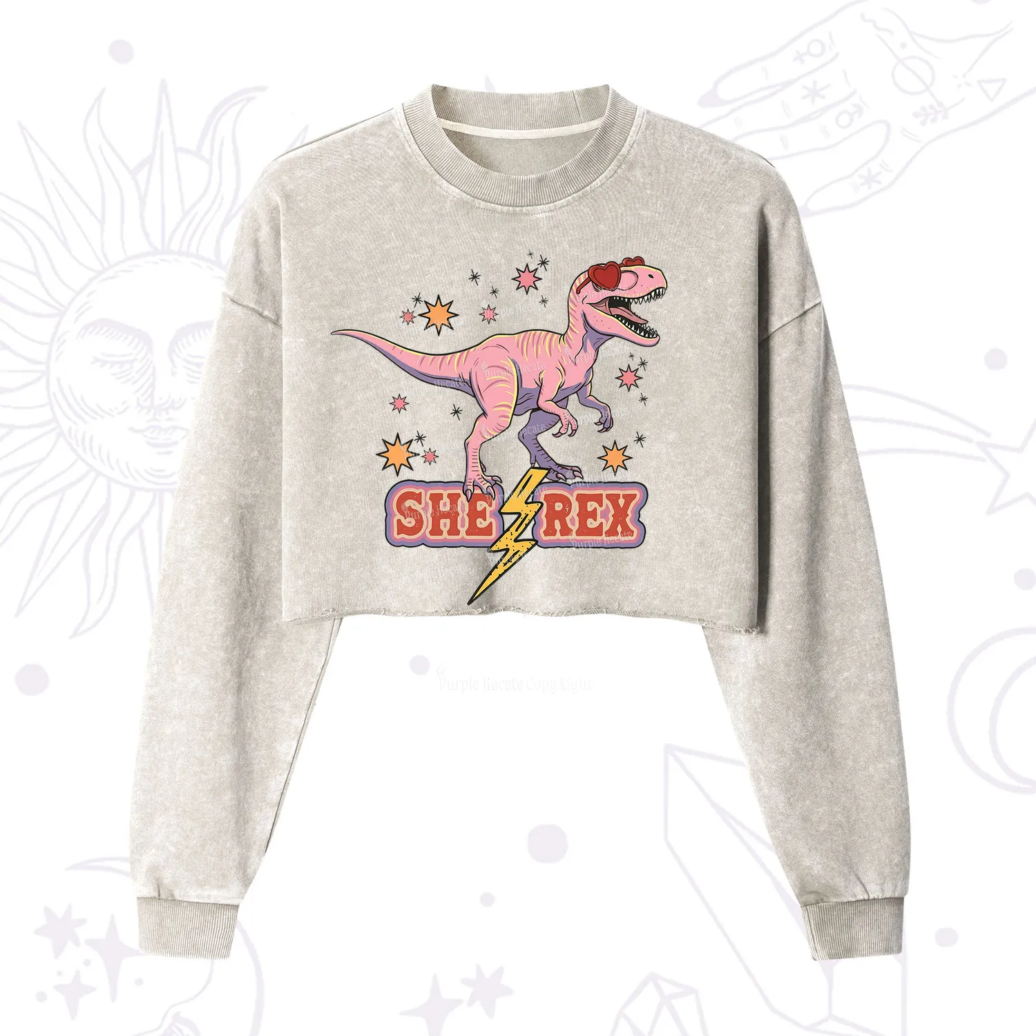 Purplehecate T Rex Dinosaur Girl Cropped Washed Sweatshirt