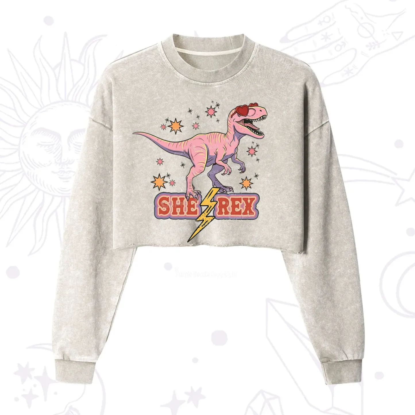 Purplehecate T Rex Dinosaur Girl Cropped Washed Sweatshirt