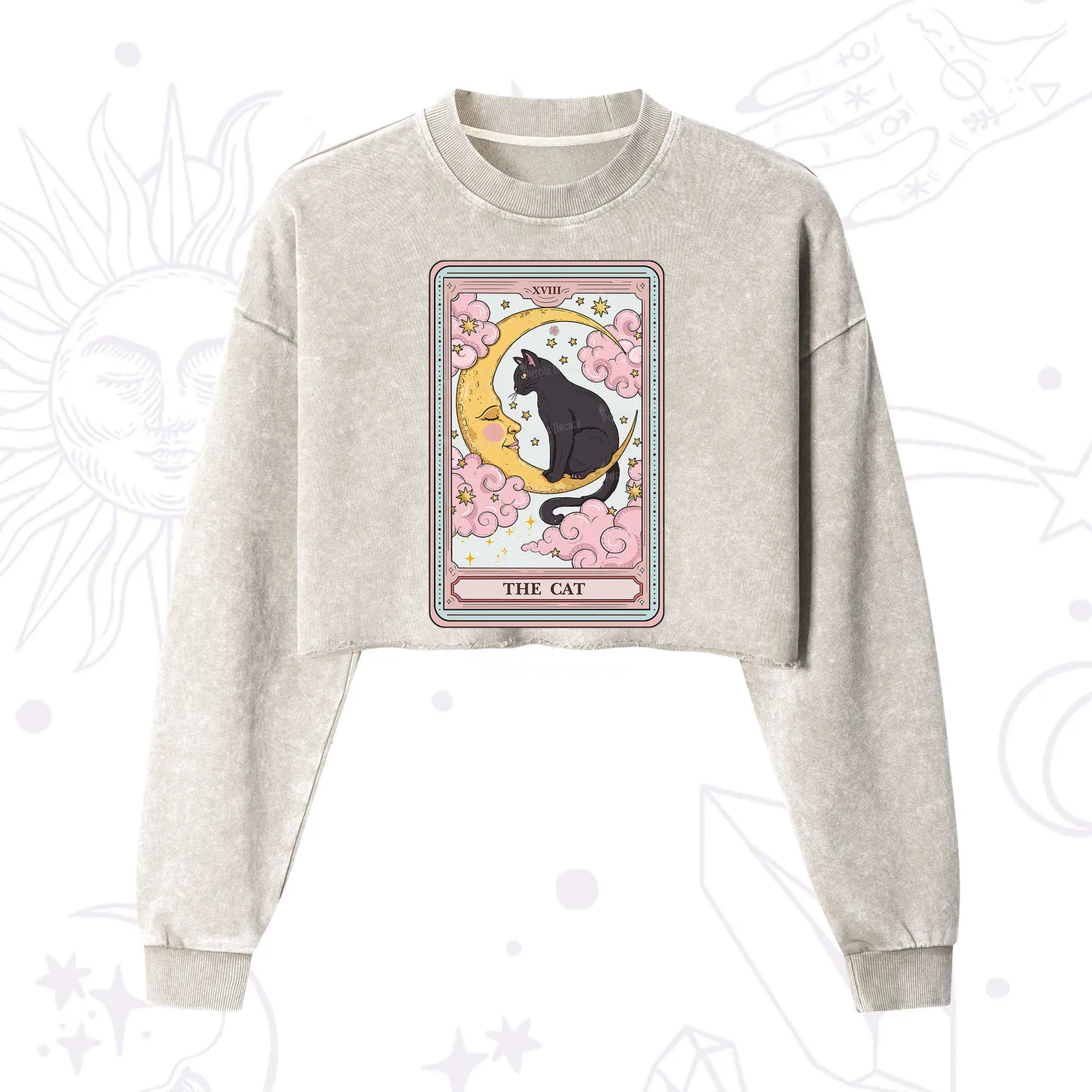 Purplehecate The Cat Tarot Card Cropped Washed Sweatshirt