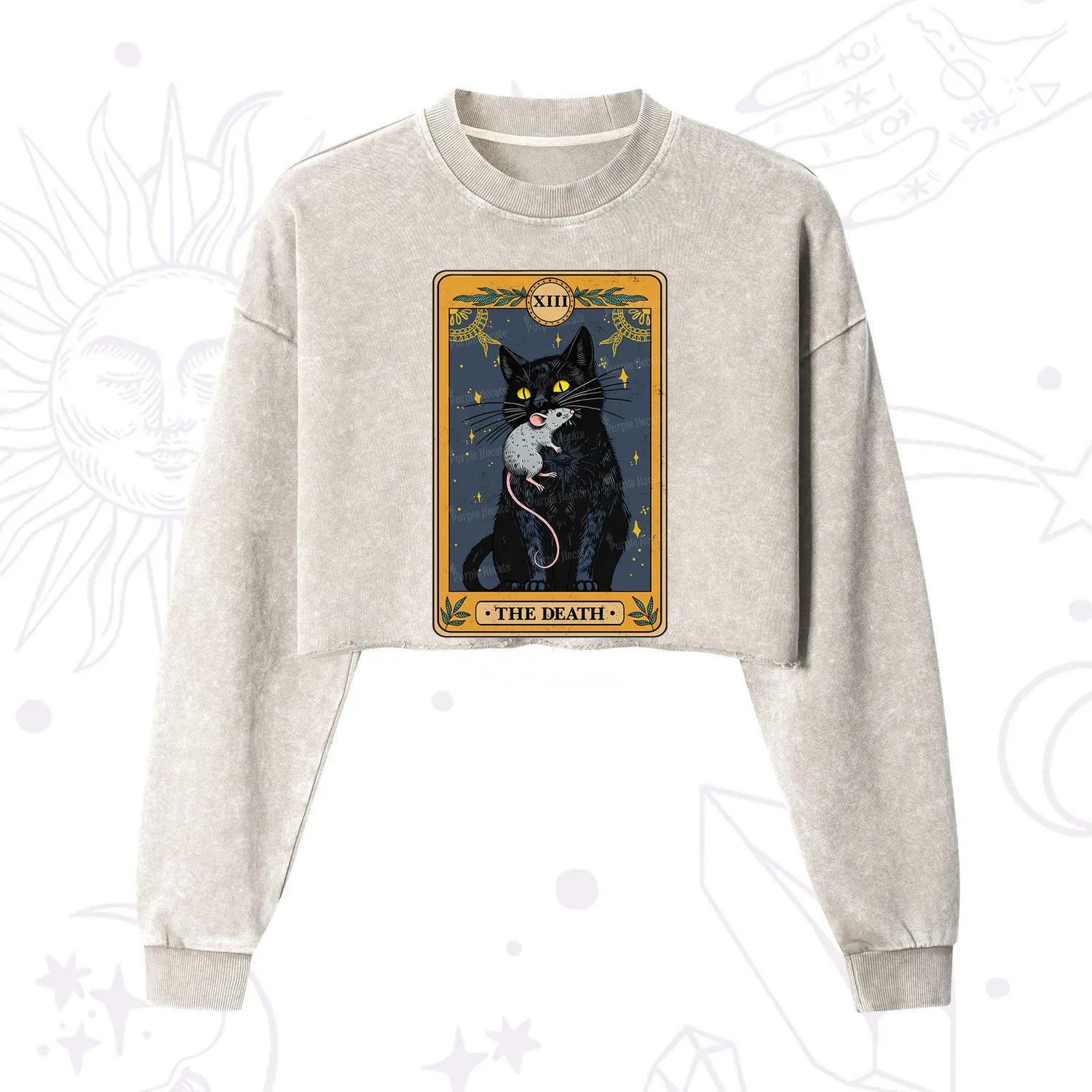 Purplehecate The Death Tarot Cat Cropped Washed Sweatshirt