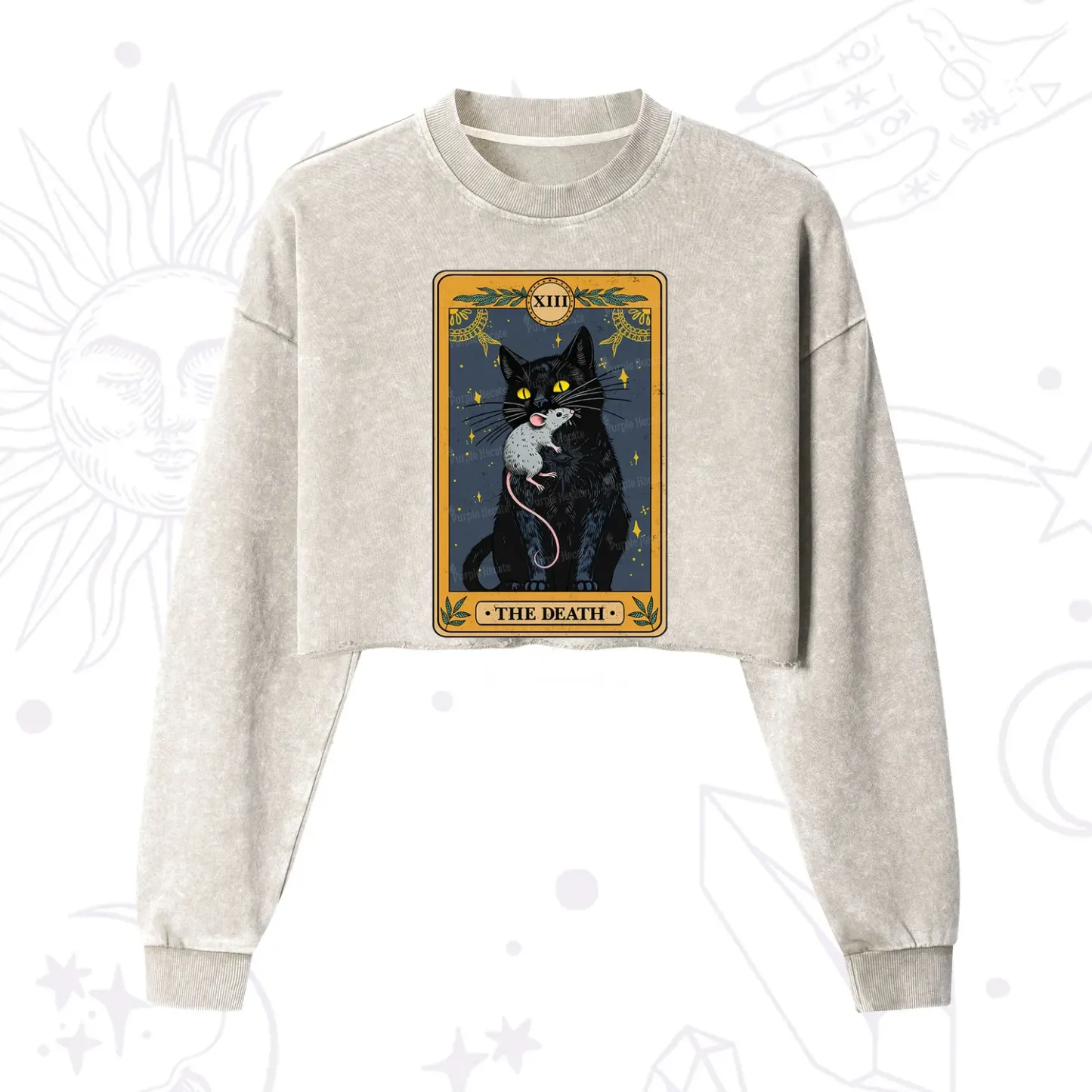 Purplehecate The Death Tarot Cat Cropped Washed Sweatshirt