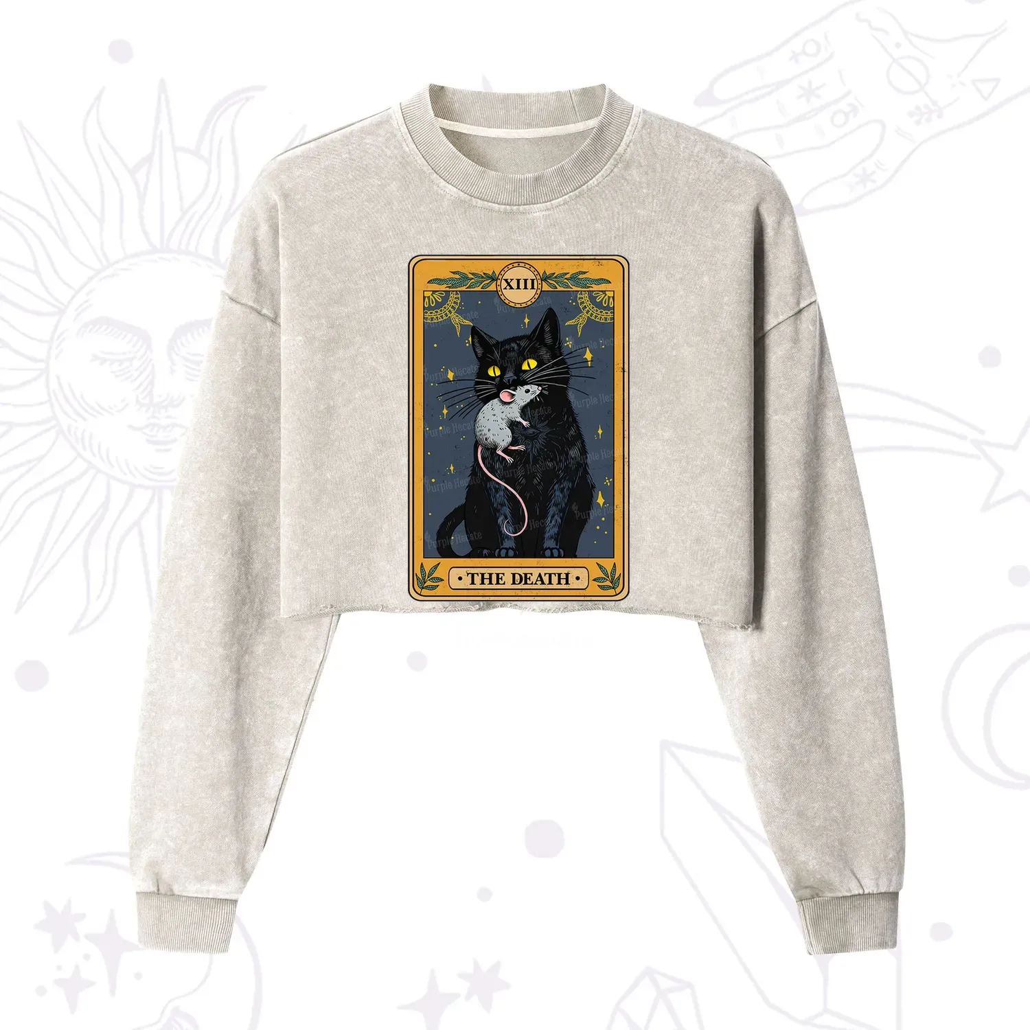 Purplehecate The Death Tarot Cat Cropped Washed Sweatshirt