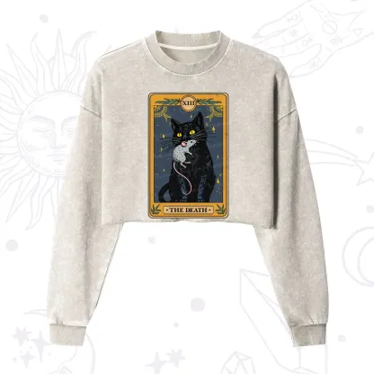 Purplehecate The Death Tarot Cat Cropped Washed Sweatshirt