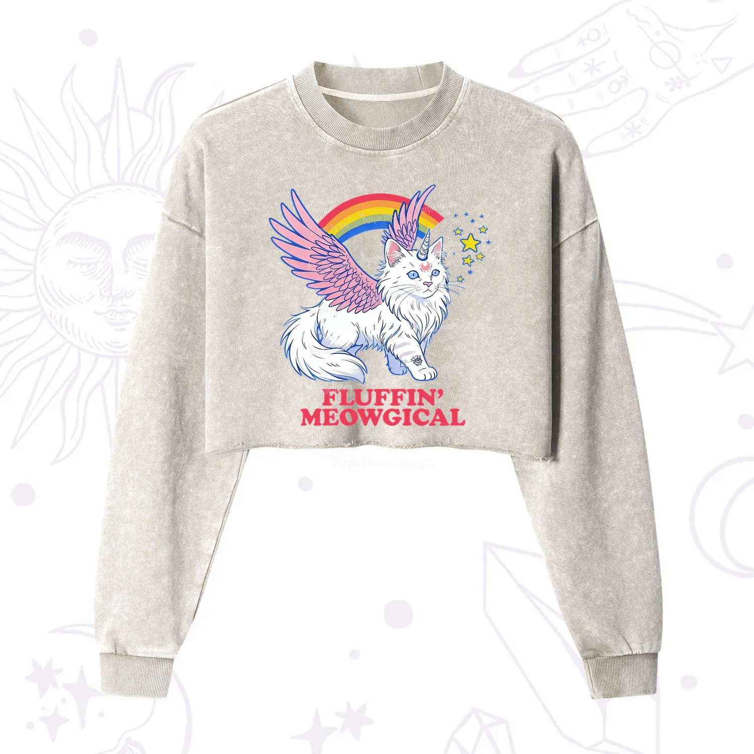 Purplehecate Fluffin Meowgical Cropped Washed Sweatshirt