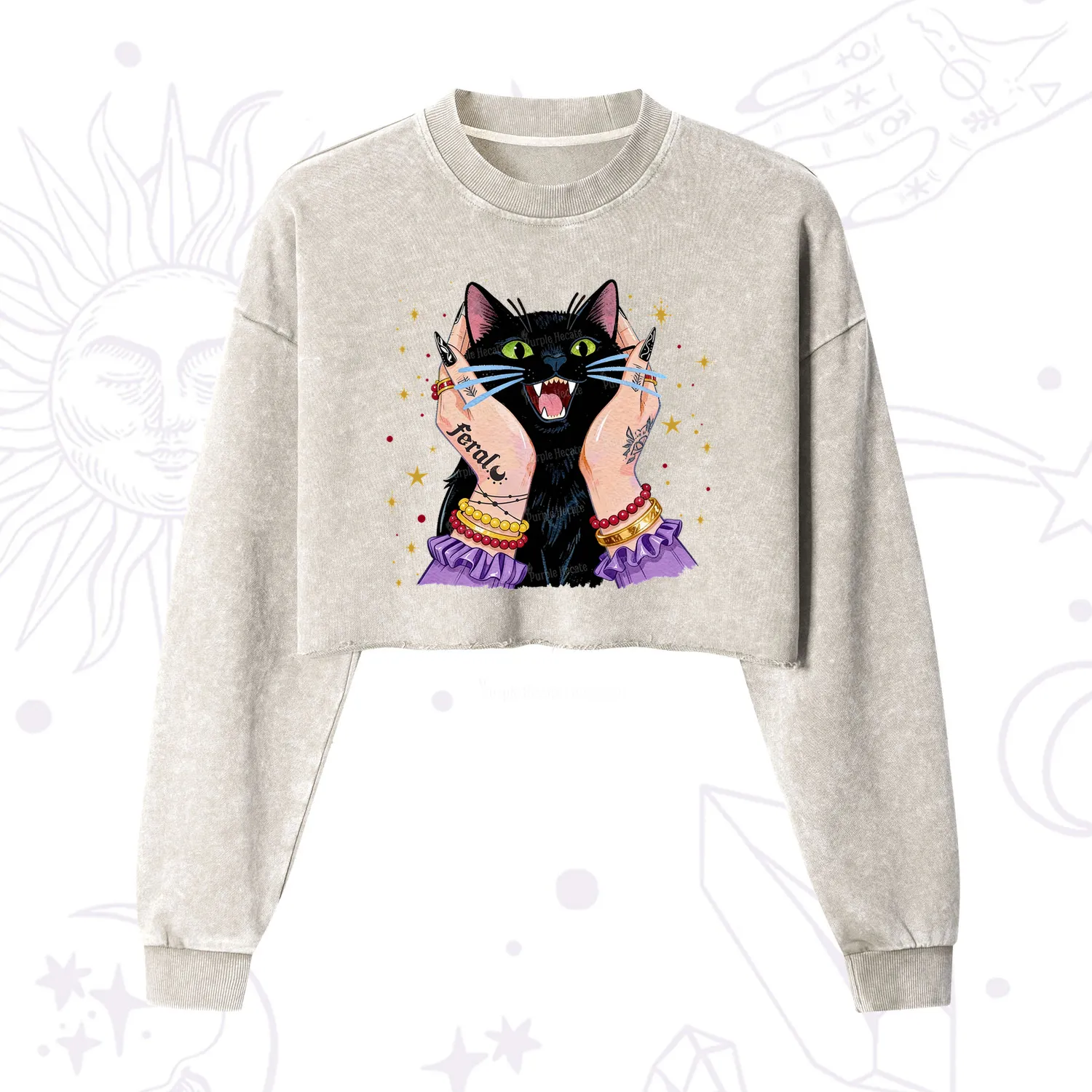 Purplehecate Feral Cat Magic Cropped Washed Sweatshirt