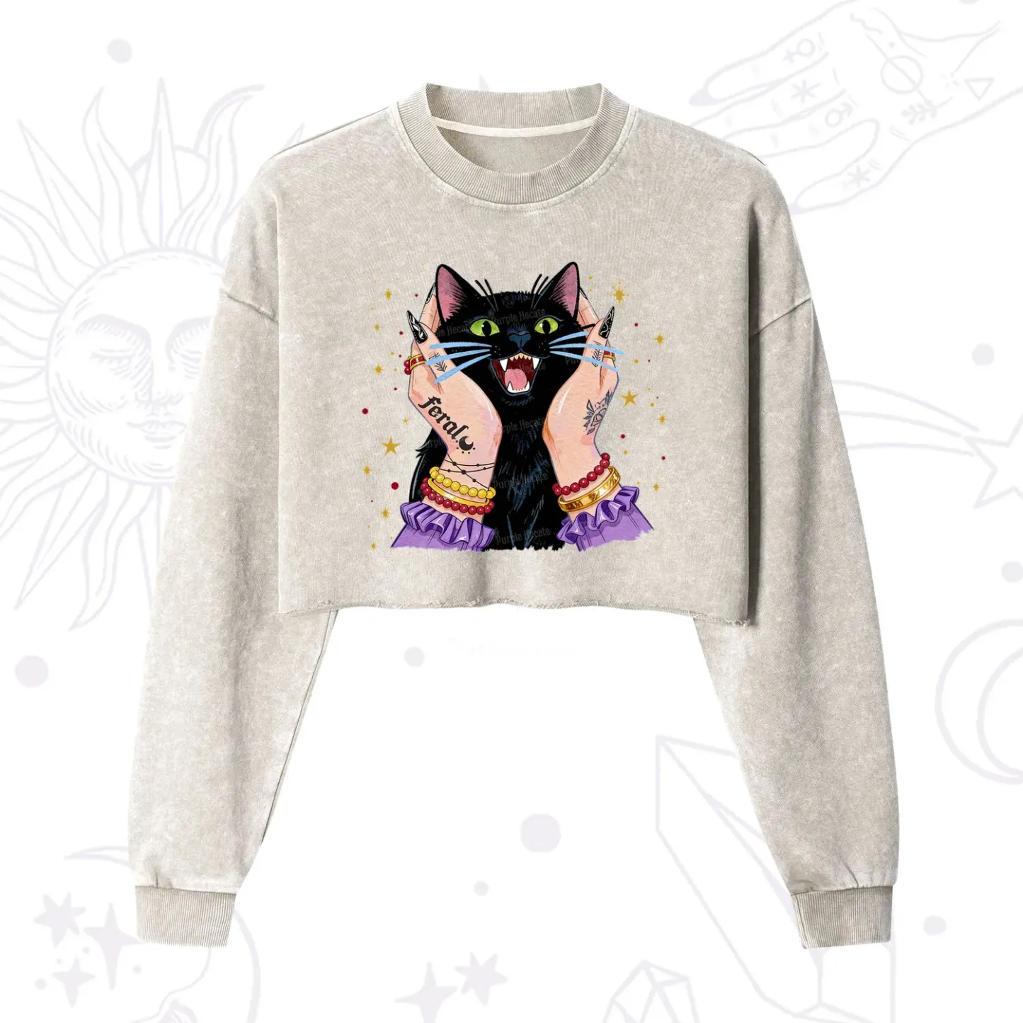 Purplehecate Feral Cat Magic Cropped Washed Sweatshirt