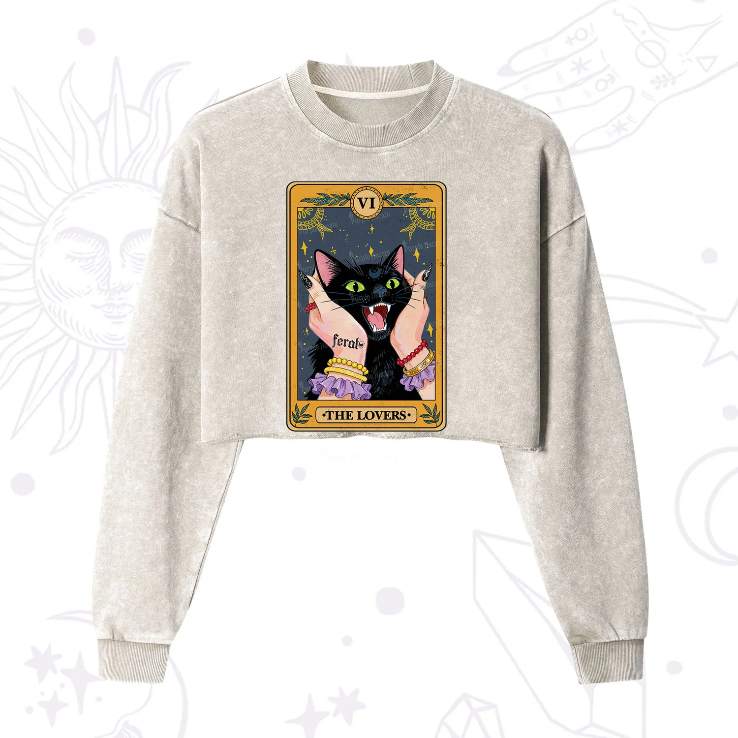 Purplehecate The Lovers Tarot Feral Cat Cropped Washed Sweatshirt