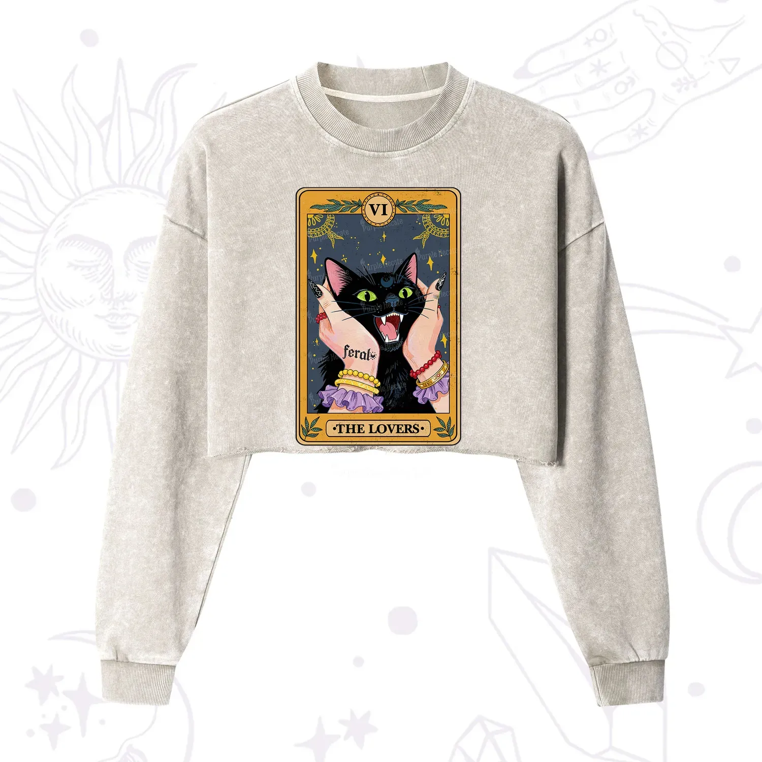 Purplehecate The Lovers Tarot Feral Cat Cropped Washed Sweatshirt