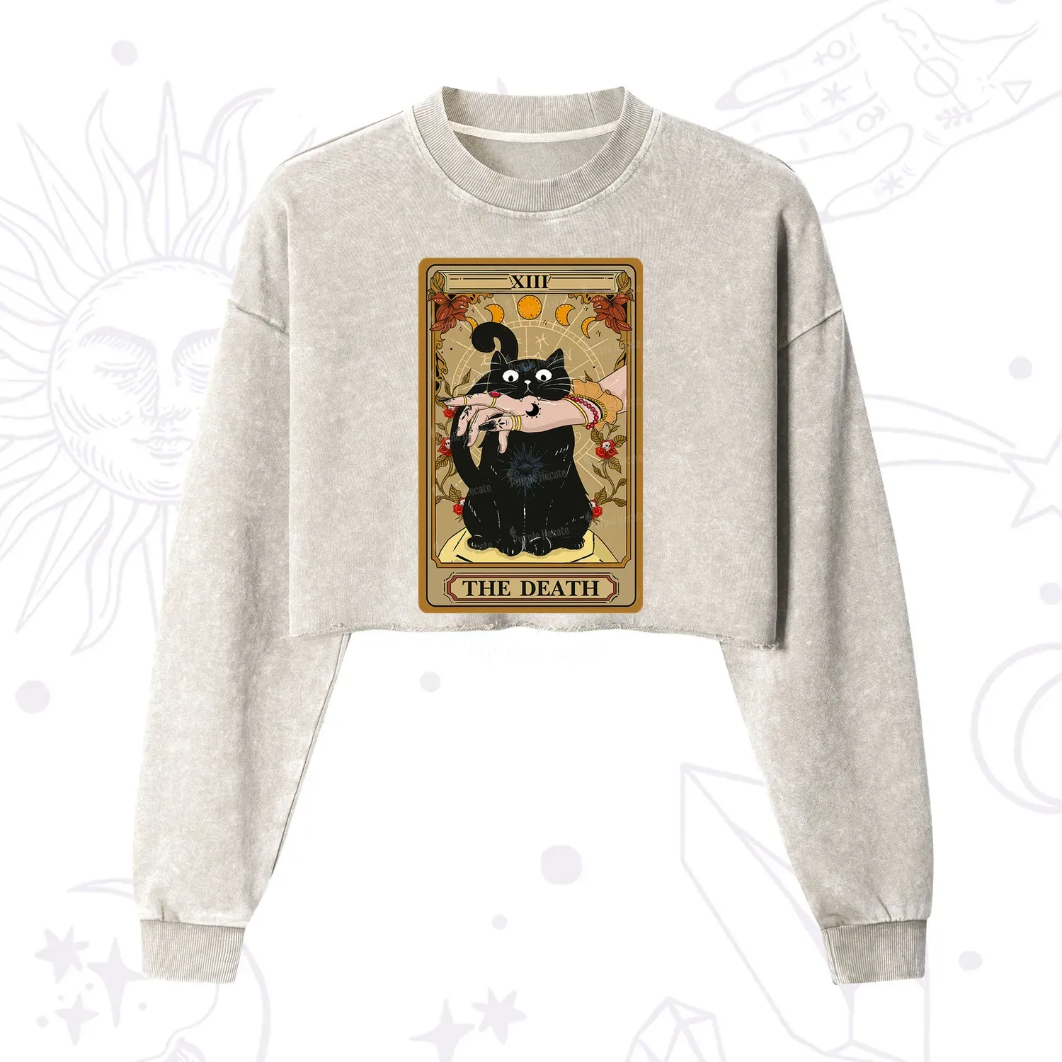 Purplehecate The Death Tarot Black Cat Cropped Washed Sweatshirt