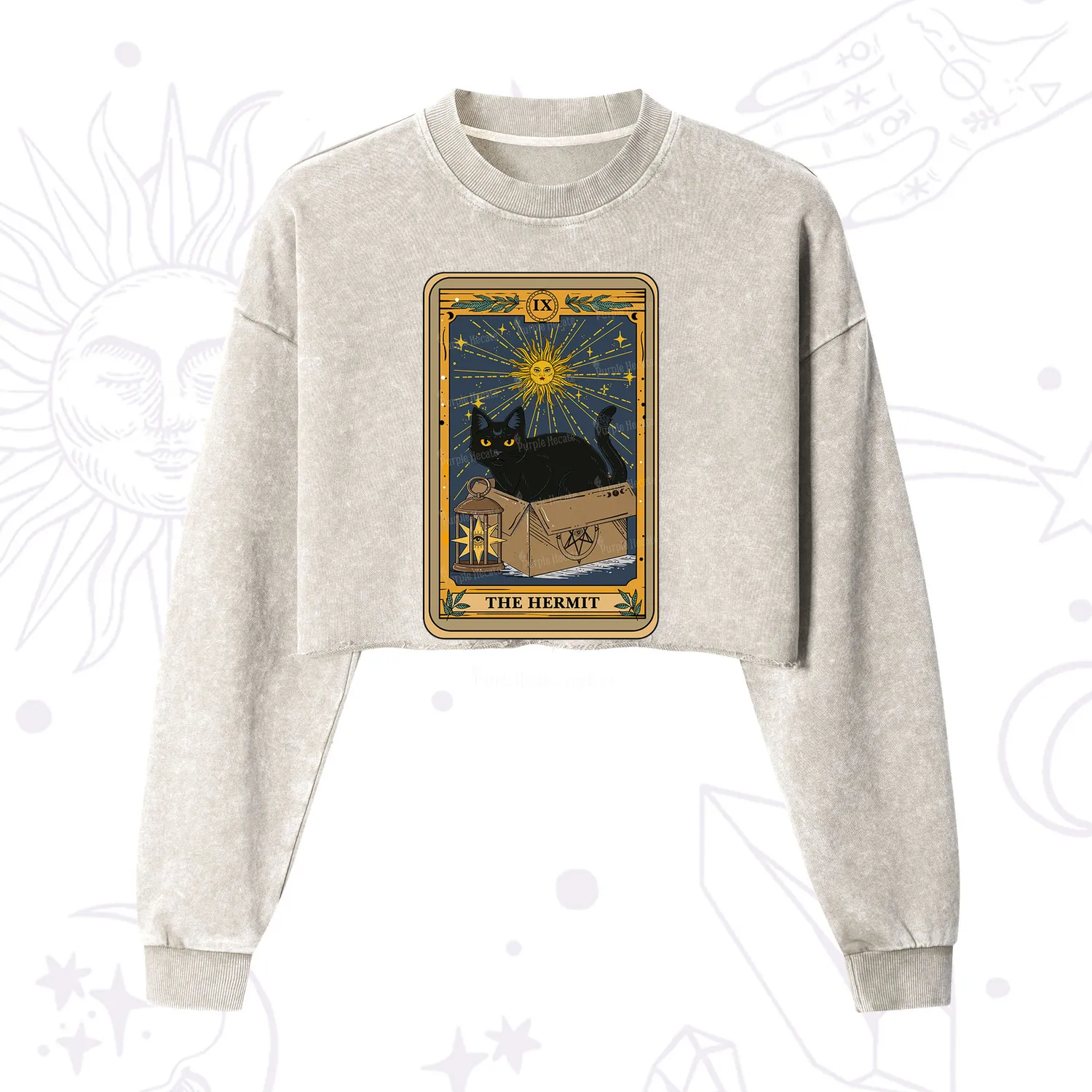 Purplehecate The Hermit Card Cat Lover Cropped Washed Sweatshirt