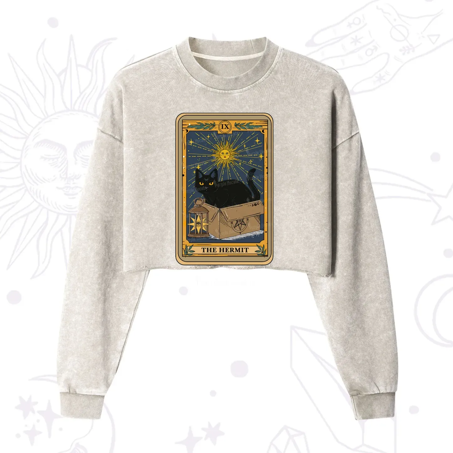 Purplehecate The Hermit Card Cat Lover Cropped Washed Sweatshirt