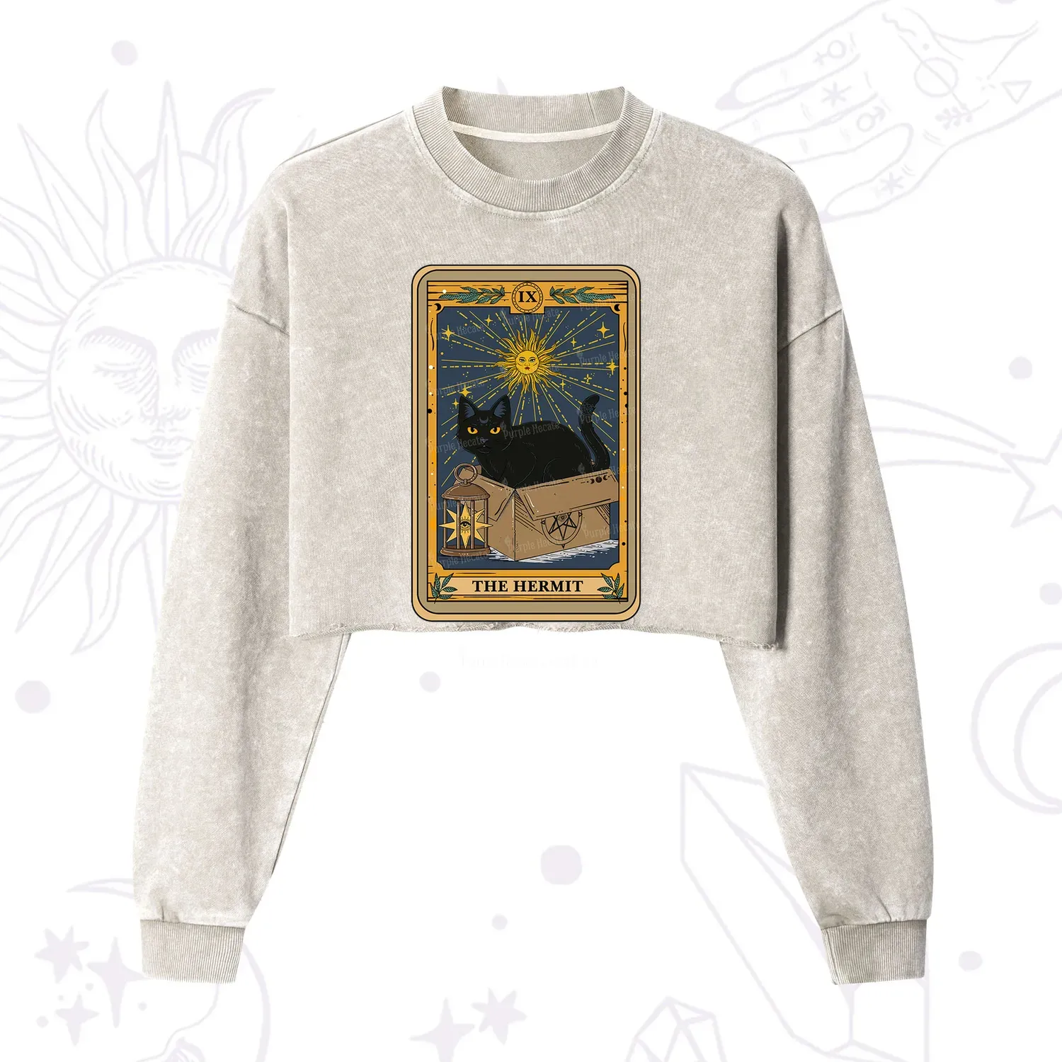 Purplehecate The Hermit Card Cat Lover Cropped Washed Sweatshirt