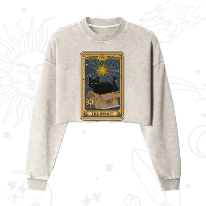 Purplehecate The Hermit Card Cat Lover Cropped Washed Sweatshirt