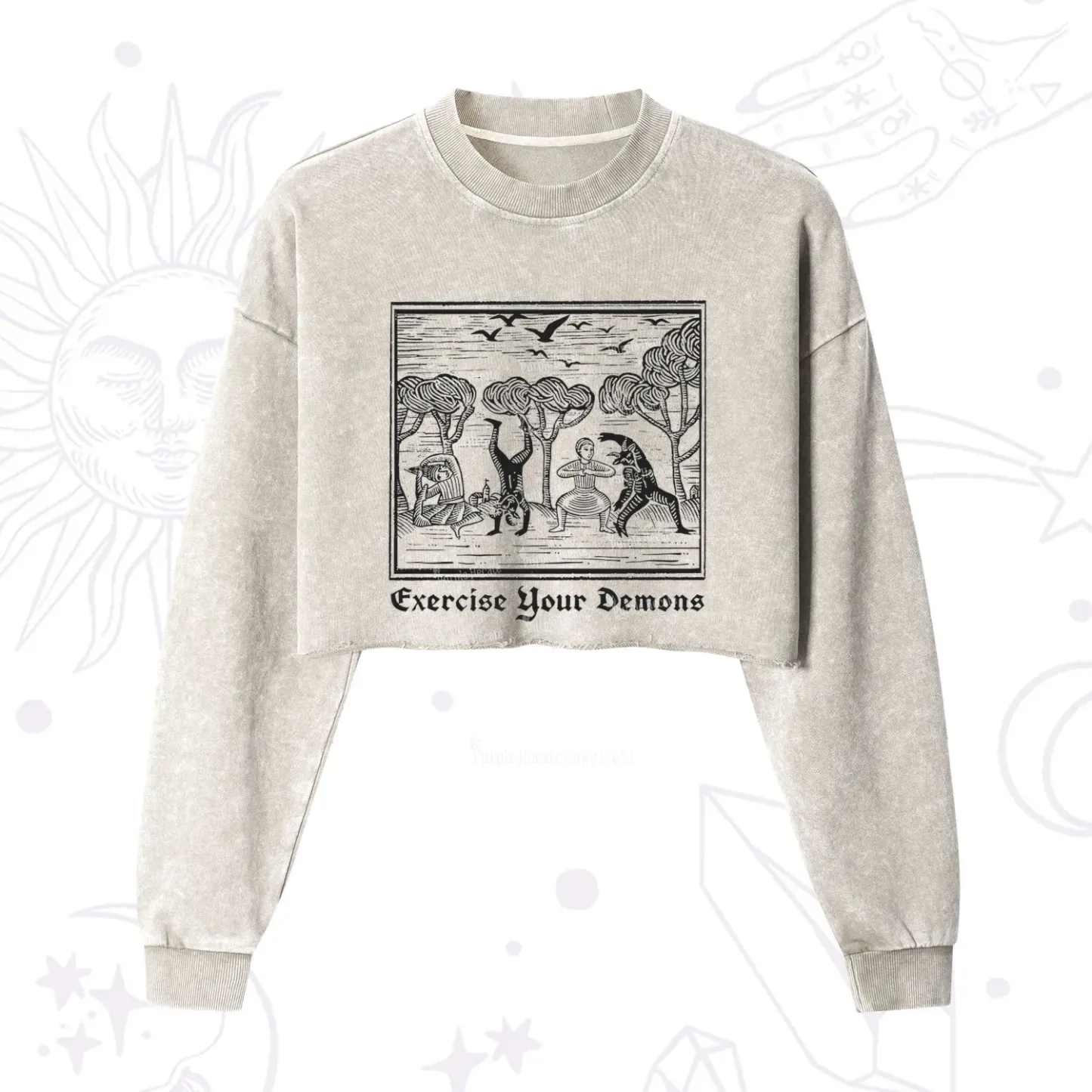 Purplehecate Exercise Your Demons Cropped Washed Sweatshirt