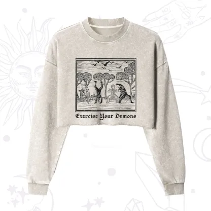 Purplehecate Exercise Your Demons Cropped Washed Sweatshirt