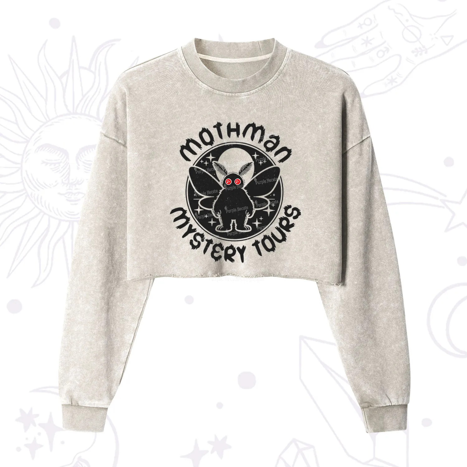 Purplehecate Mothman Mystery Tours Cropped Washed Sweatshirt