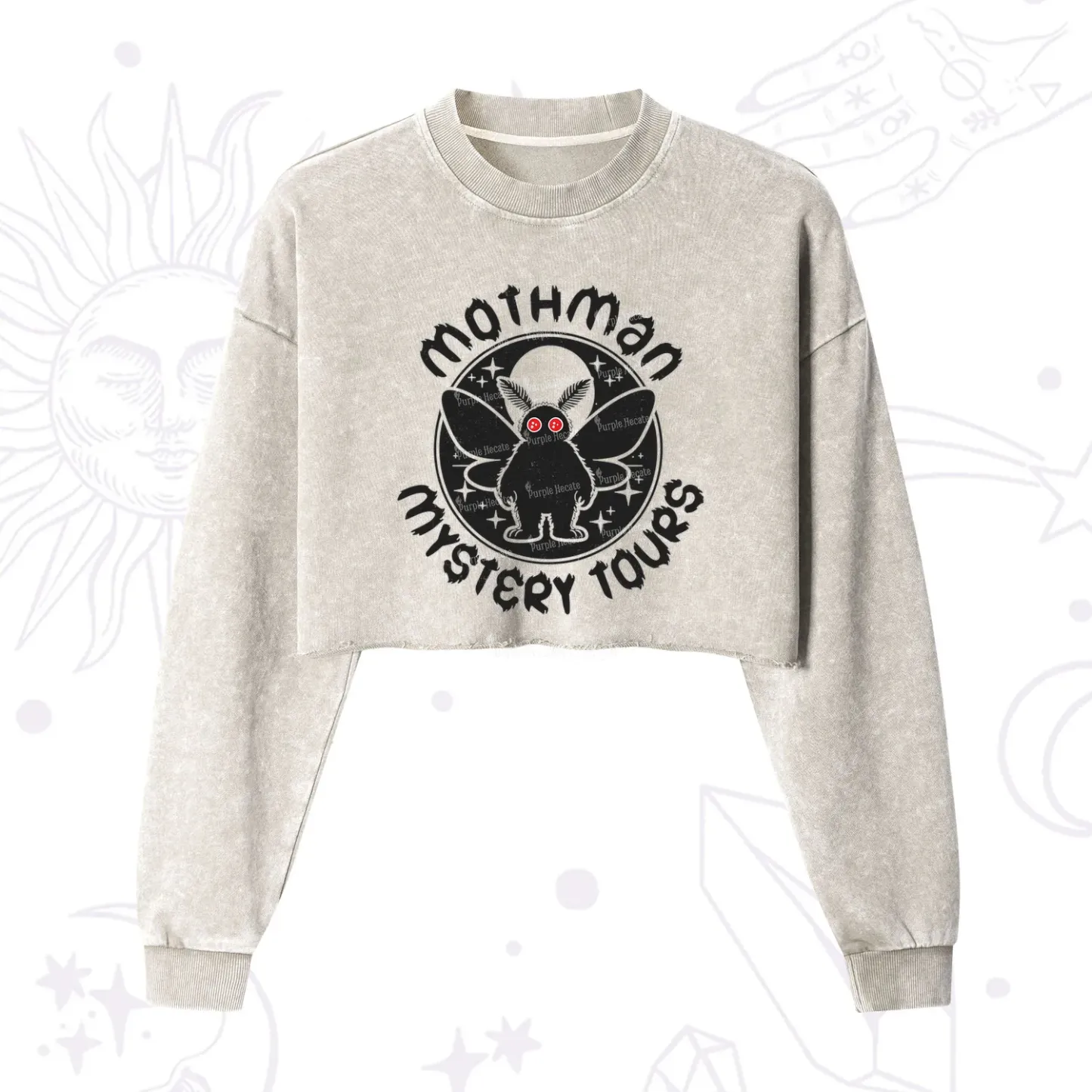 Purplehecate Mothman Mystery Tours Cropped Washed Sweatshirt