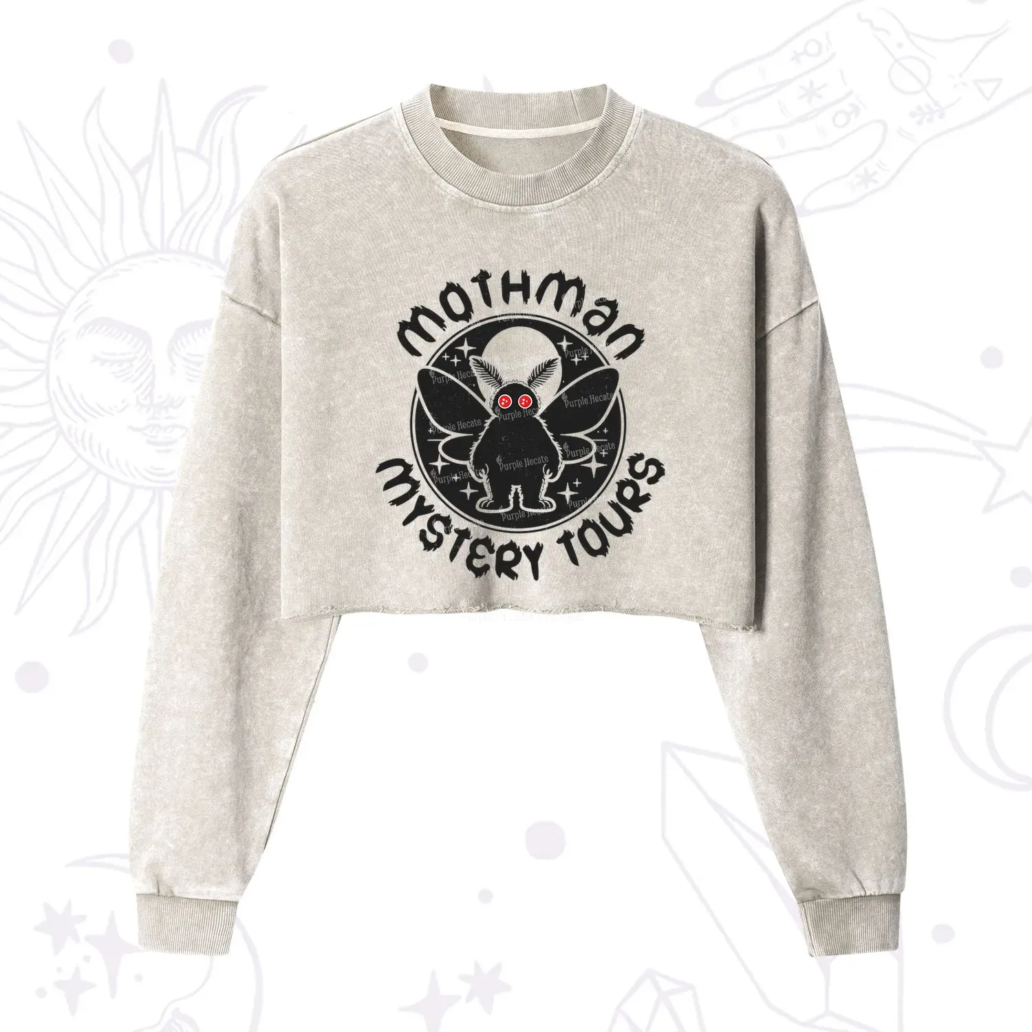 Purplehecate Mothman Mystery Tours Cropped Washed Sweatshirt