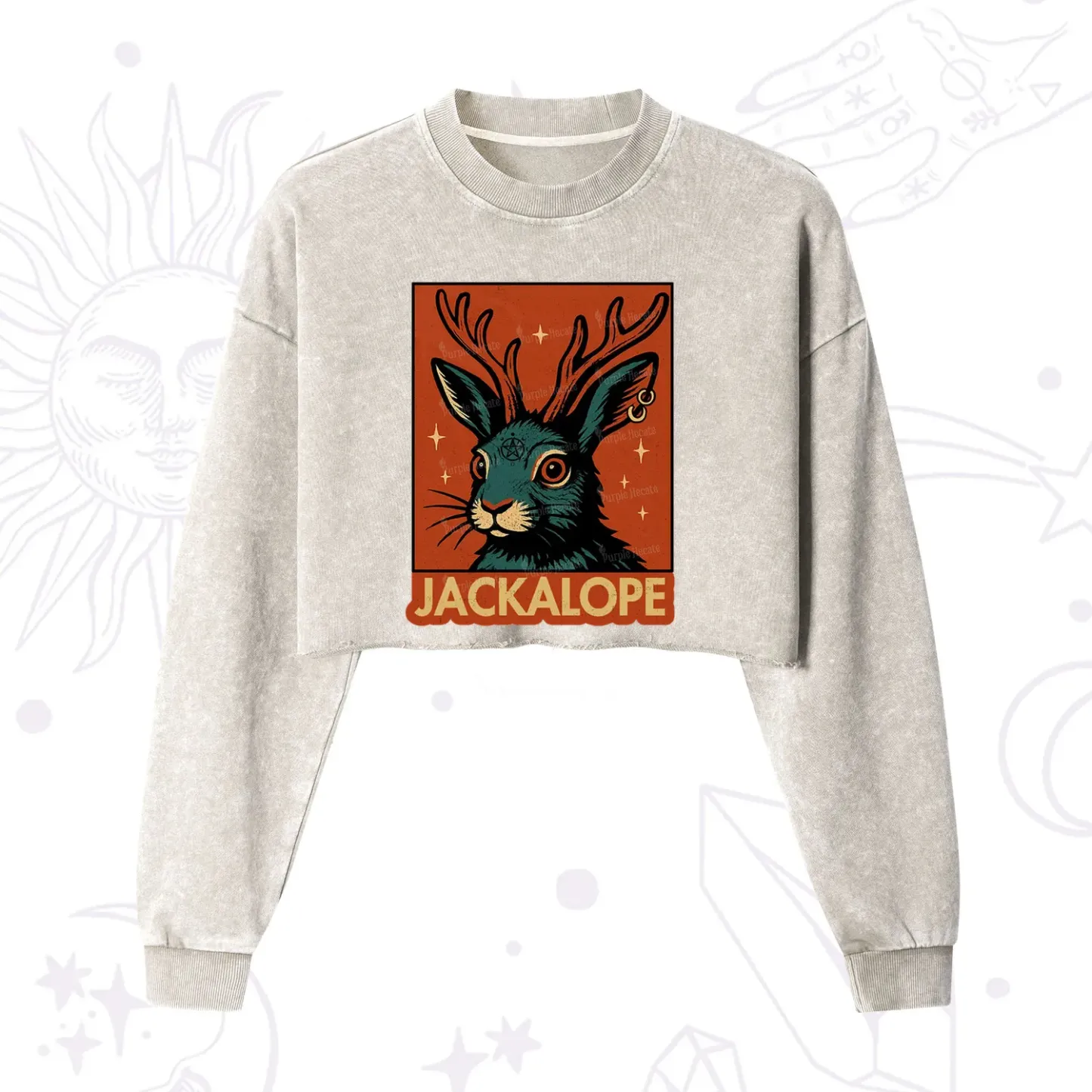 Purplehecate Funny Jackalope Cropped Washed Sweatshirt