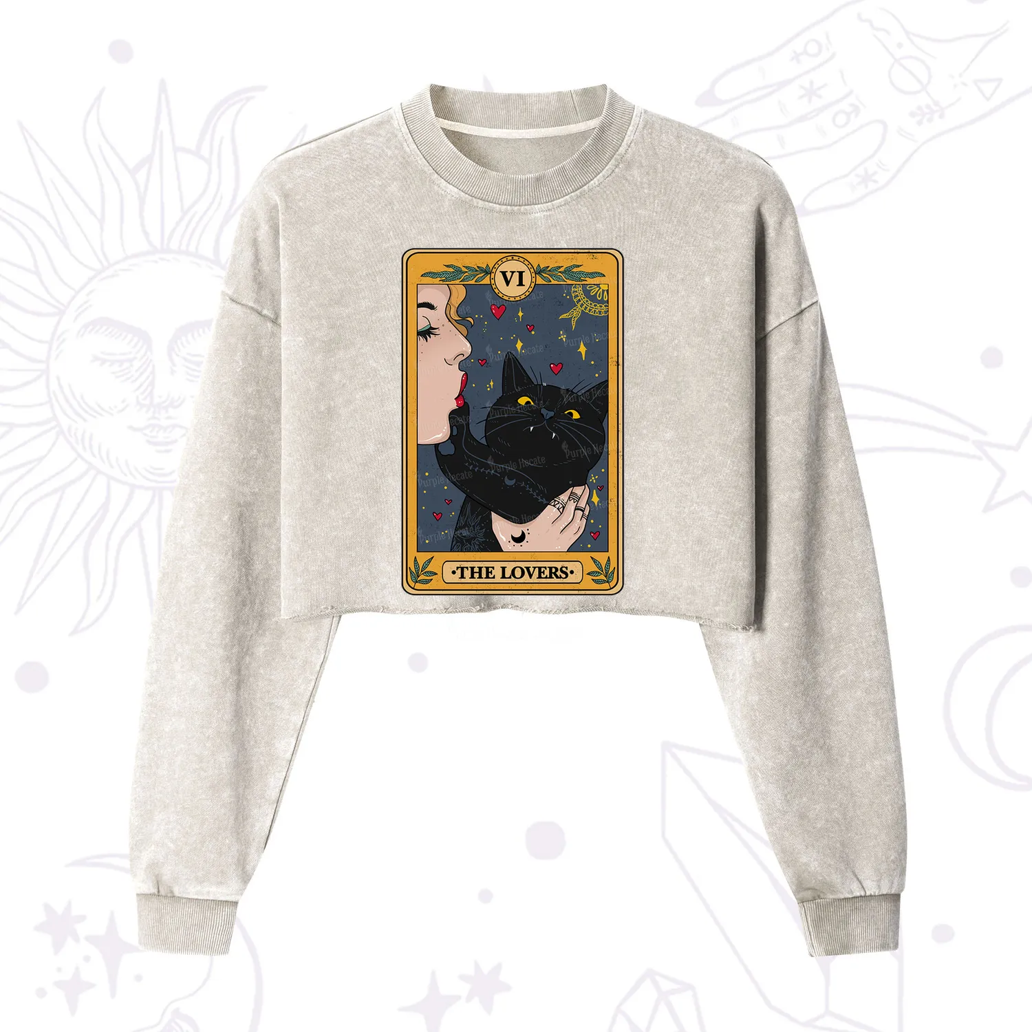 Purplehecate The Lovers Cat Tarot Cropped Washed Sweatshirt