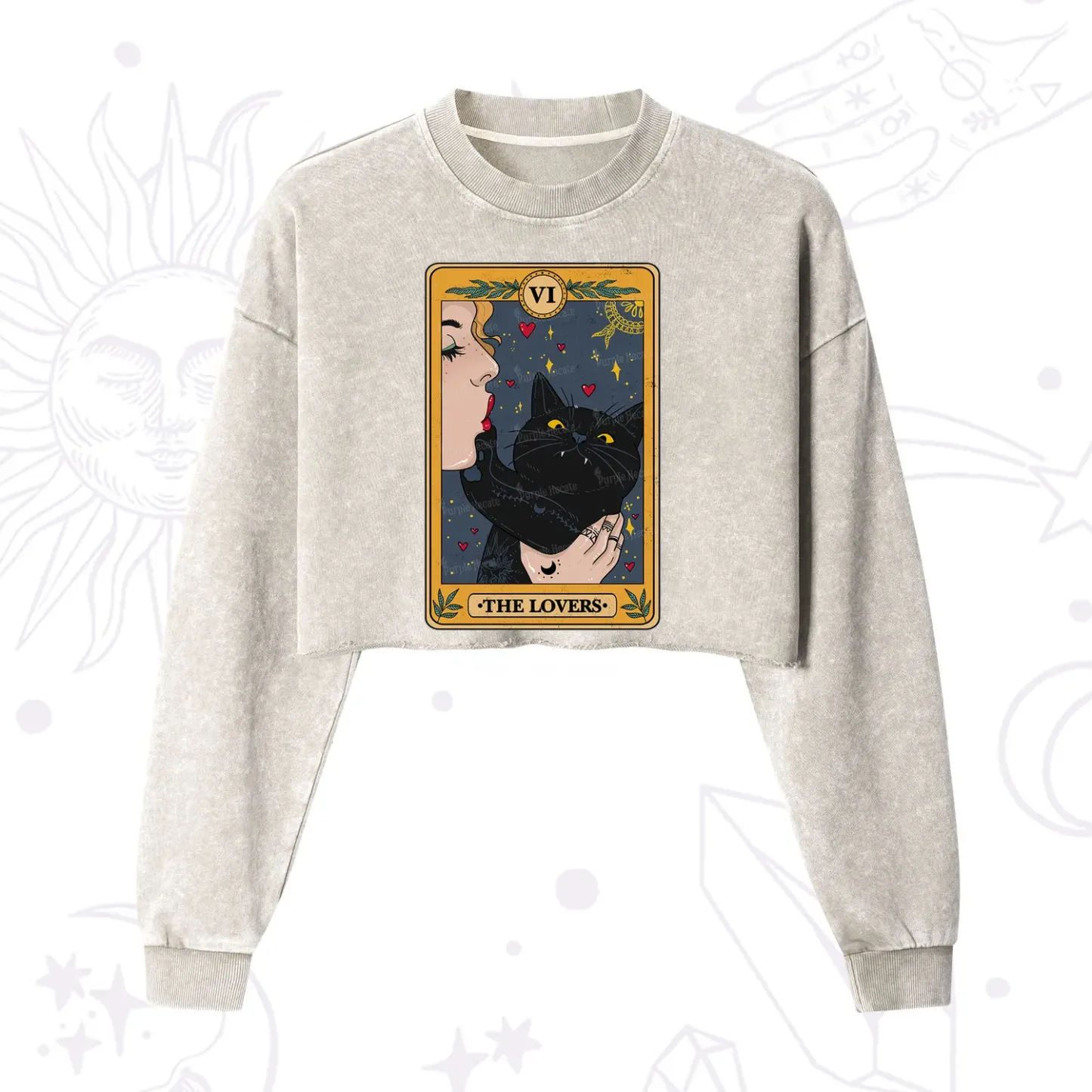 Purplehecate The Lovers Cat Tarot Cropped Washed Sweatshirt