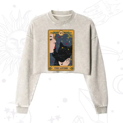 Purplehecate The Lovers Cat Tarot Cropped Washed Sweatshirt