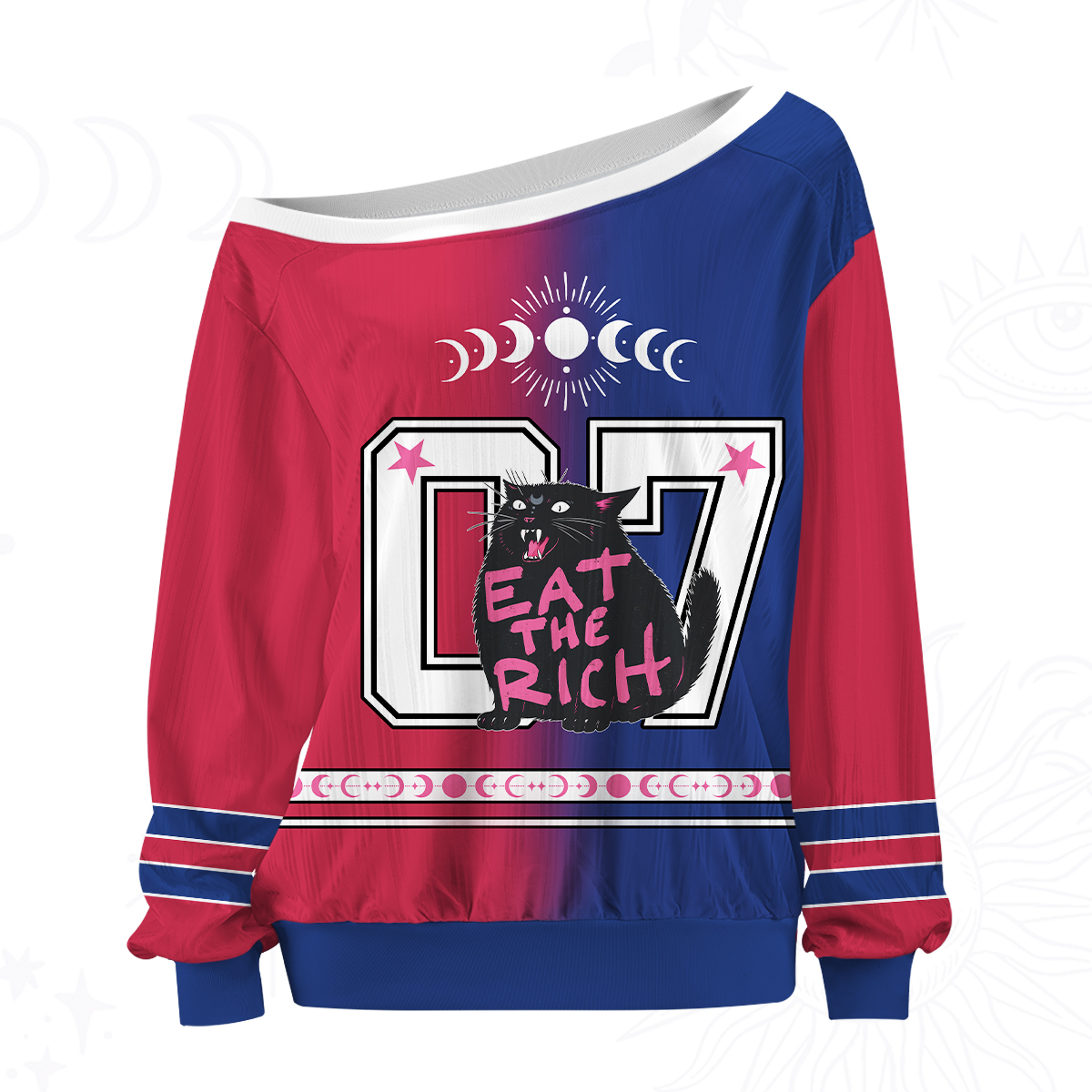 Purplehecate Eat The Rich Cat Off The Shoulder Graphic Jersey