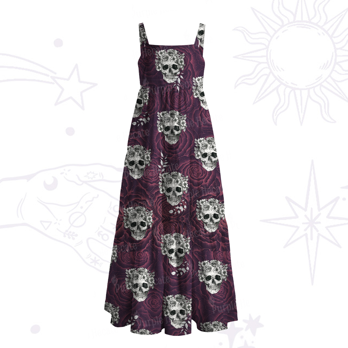 Purplehecate Rose Skull Wide Straps Maxi Dress