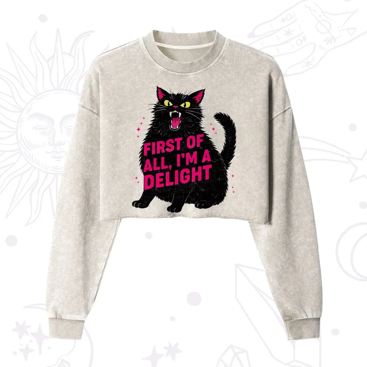Purplehecate First Of All I'm A Delight Cat Cropped Washed Sweatshirt