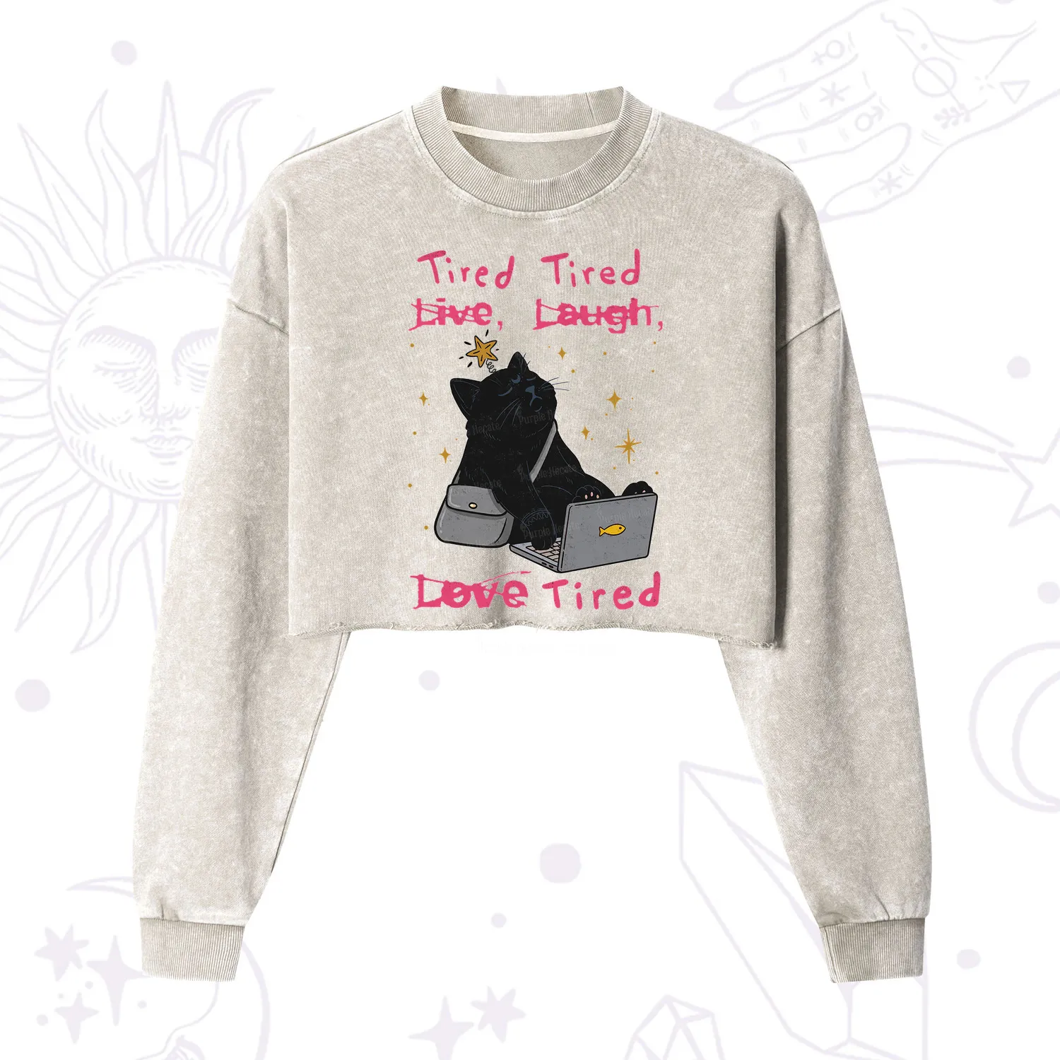 Purplehecate Tired Cat Cropped Washed Sweatshirt