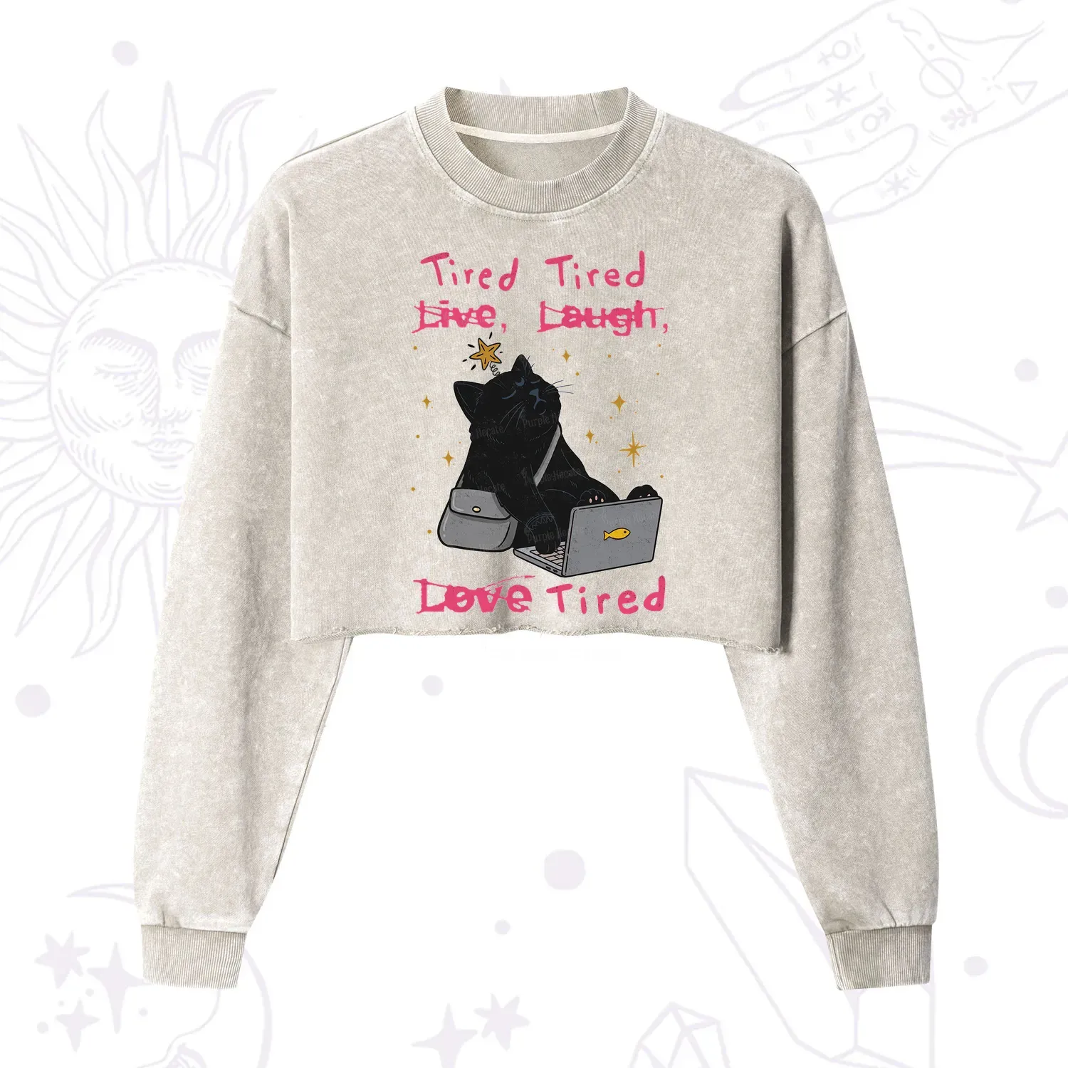 Purplehecate Tired Cat Cropped Washed Sweatshirt
