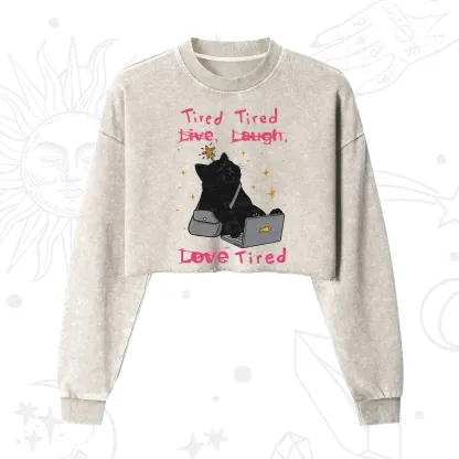 Purplehecate Tired Cat Cropped Washed Sweatshirt