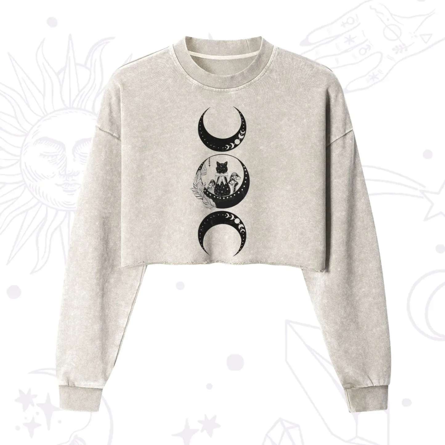 Purplehecate Cat And Moon Phases Cropped Washed Sweatshirt