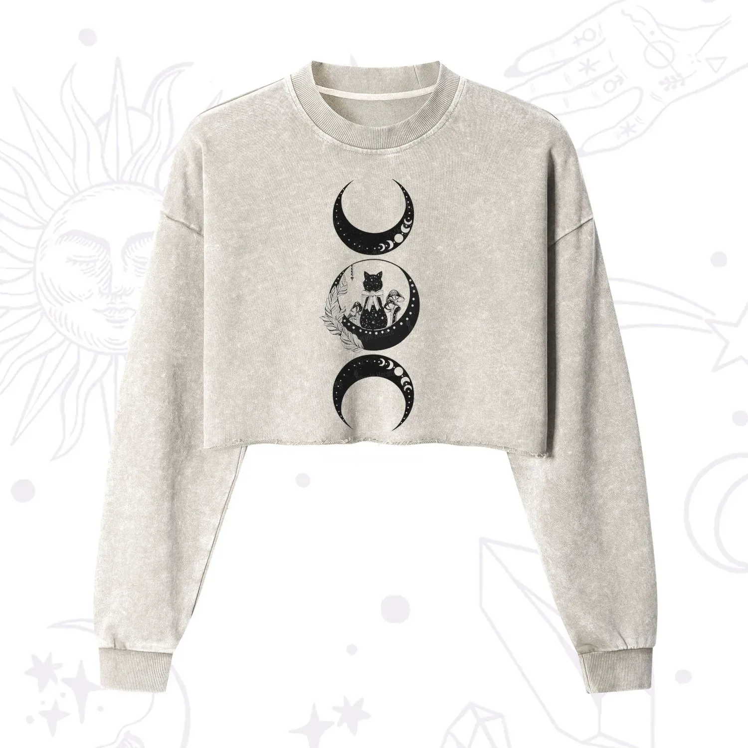 Purplehecate Cat And Moon Phases Cropped Washed Sweatshirt