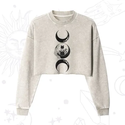 Purplehecate Cat And Moon Phases Cropped Washed Sweatshirt