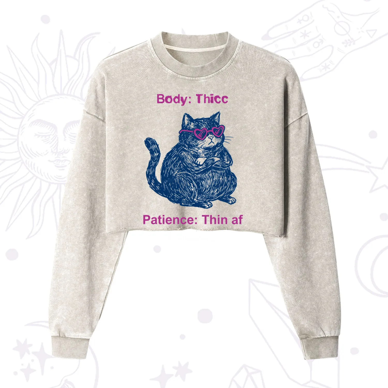 Purplehecate Body Thicc Patience Thin Af Cat Cropped Washed Sweatshirt