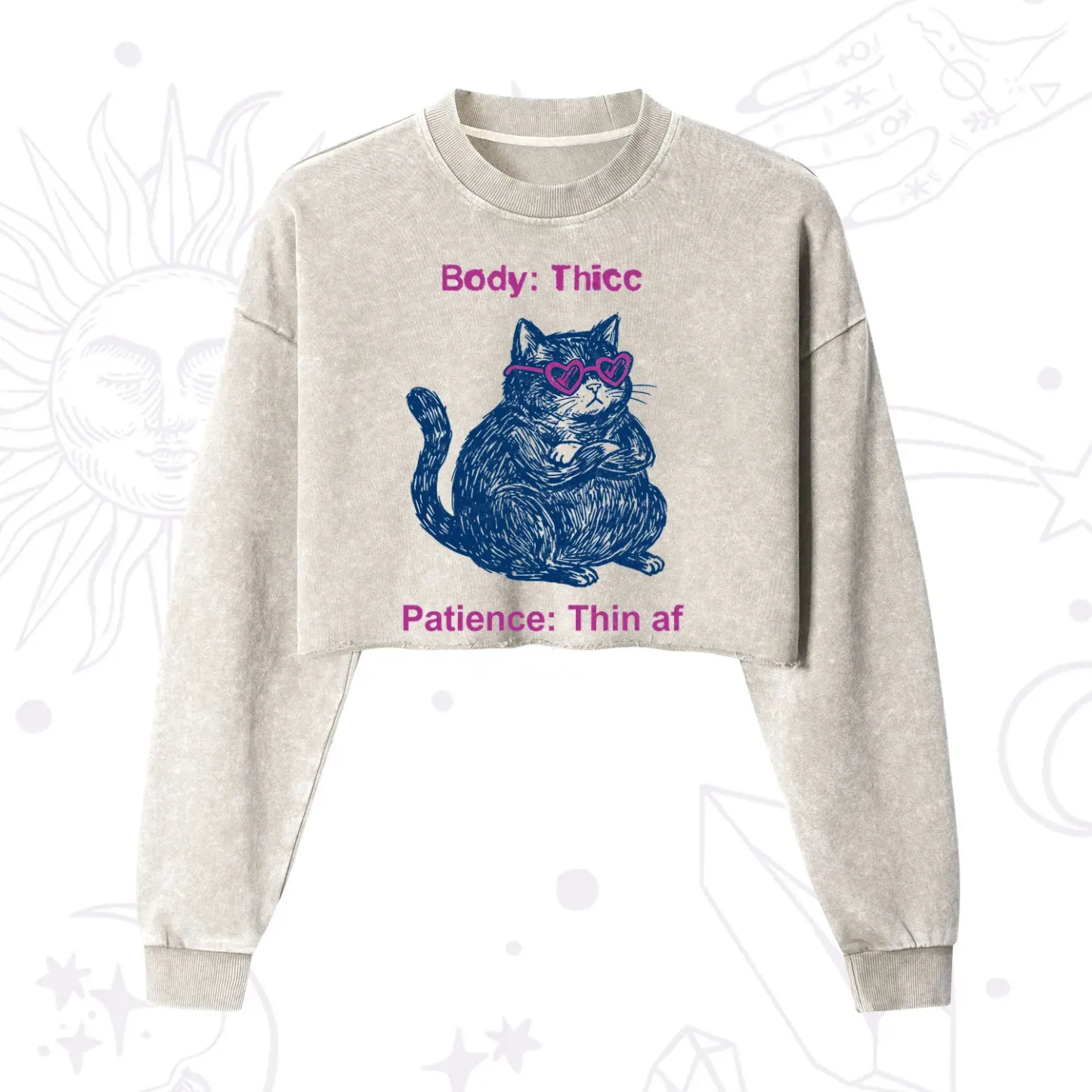 Purplehecate Body Thicc Patience Thin Af Cat Cropped Washed Sweatshirt