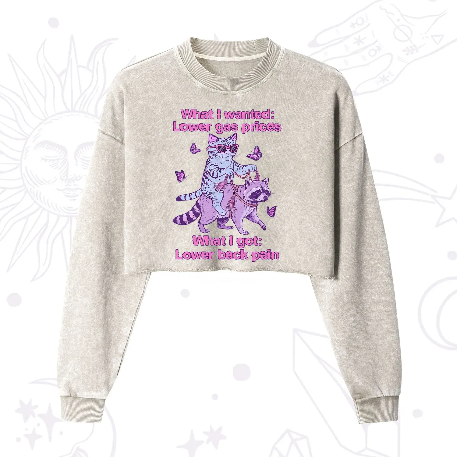 Purplehecate Lower Gas Prices Lower Back Pain Cat Cropped Washed Sweatshirt