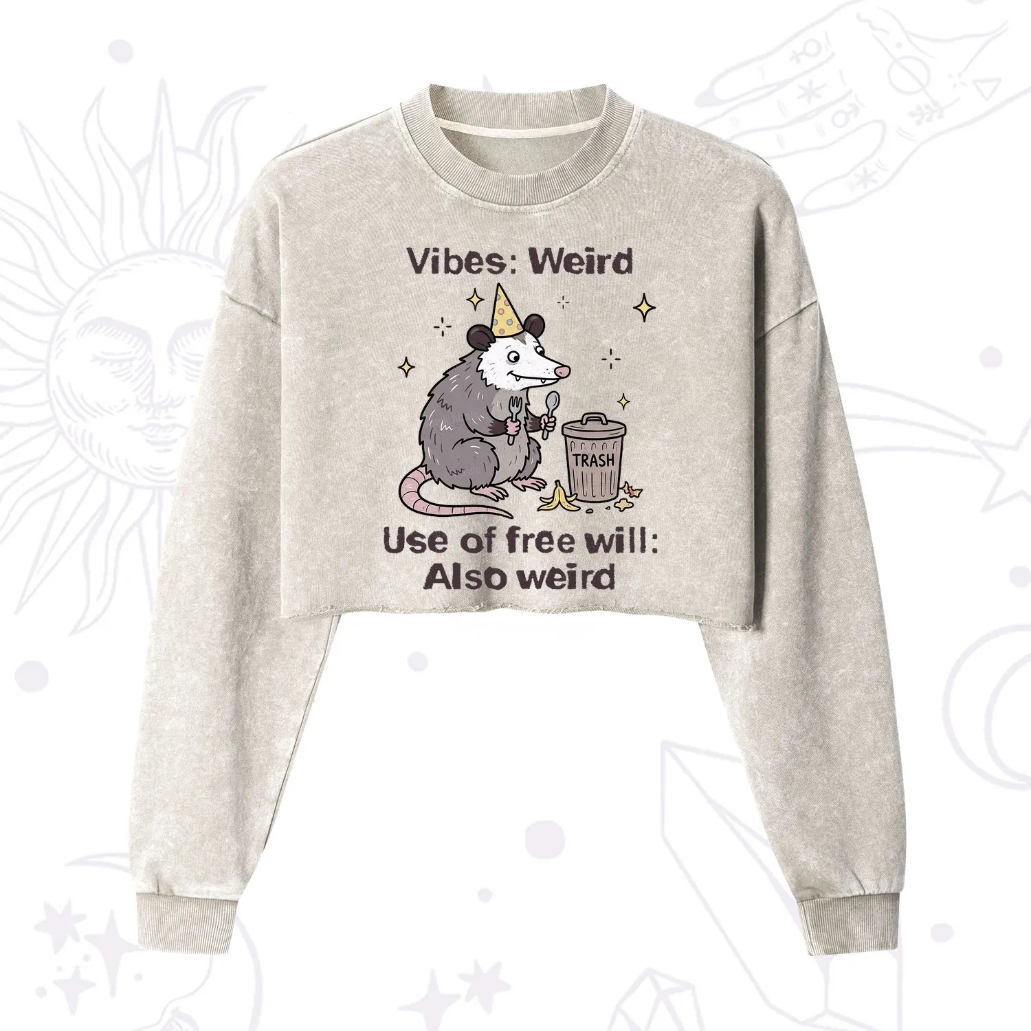 Purplehecate Weird Vibes Only Opossum Cropped Washed Sweatshirt