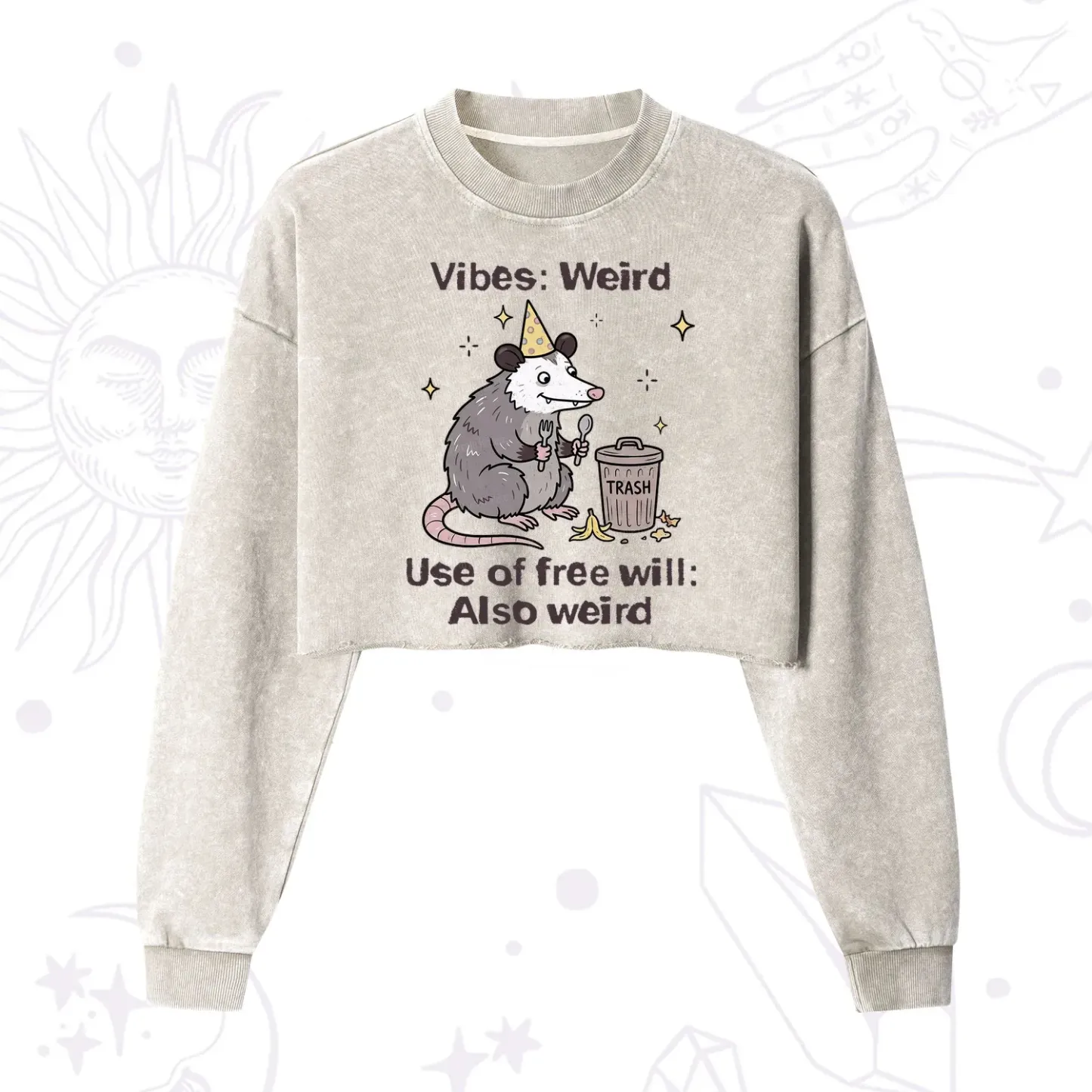 Purplehecate Weird Vibes Only Opossum Cropped Washed Sweatshirt
