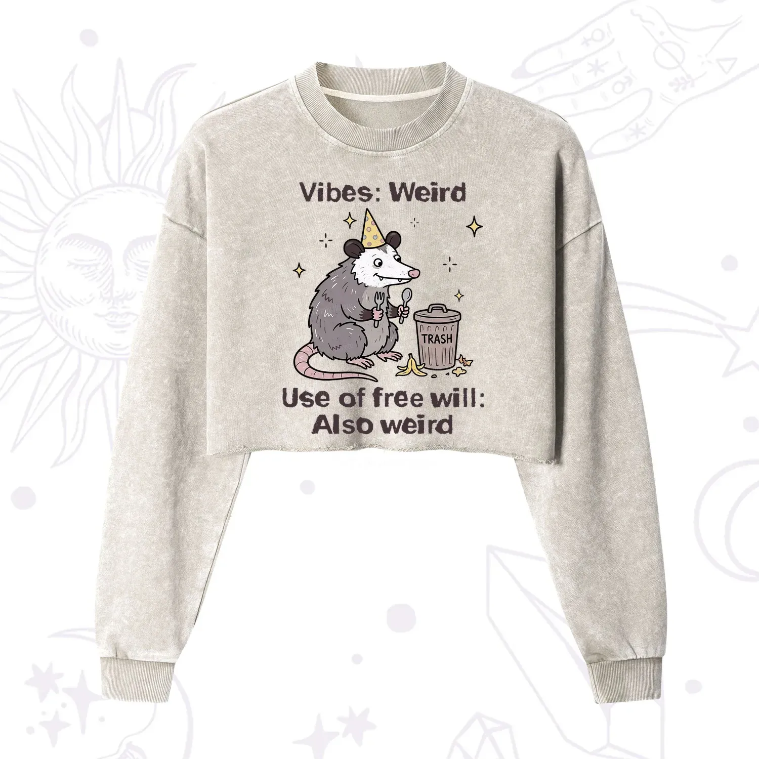 Purplehecate Weird Vibes Only Opossum Cropped Washed Sweatshirt