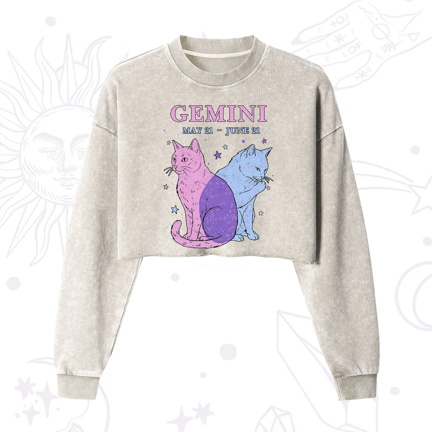 Purplehecate Gemini Zodiac Cats Cropped Washed Sweatshirt