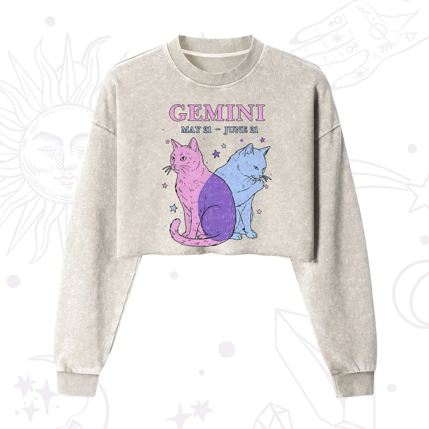 Purplehecate Gemini Zodiac Cats Cropped Washed Sweatshirt