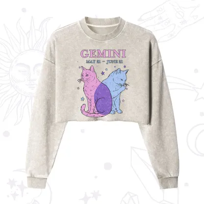 Purplehecate Gemini Zodiac Cats Cropped Washed Sweatshirt