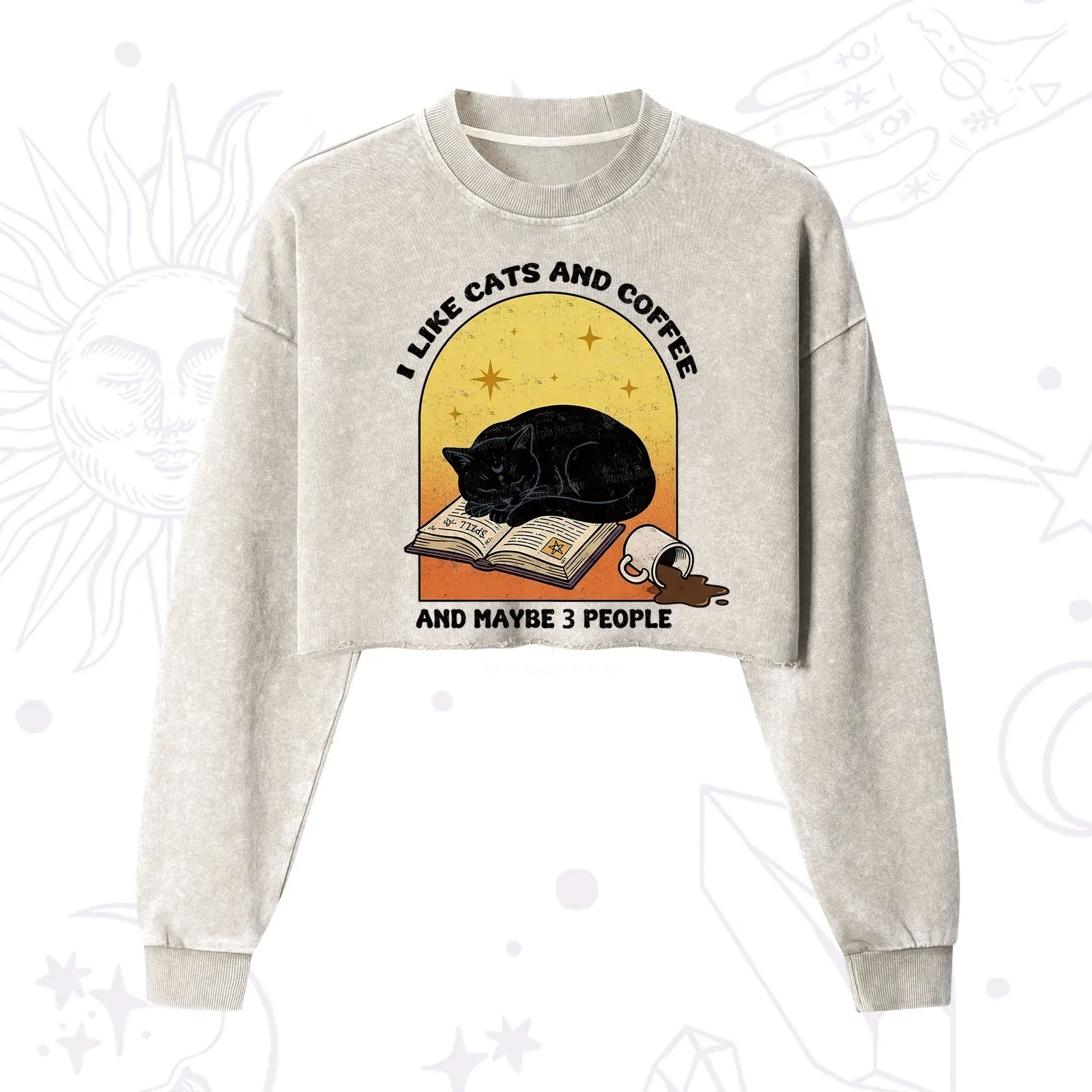 Purplehecate I Like Cats And Coffee Cropped Washed Sweatshirt