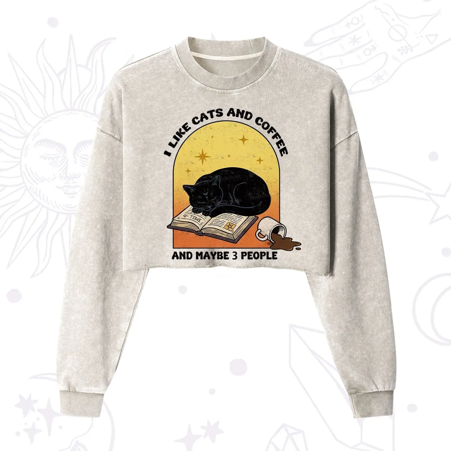 Purplehecate I Like Cats And Coffee Cropped Washed Sweatshirt