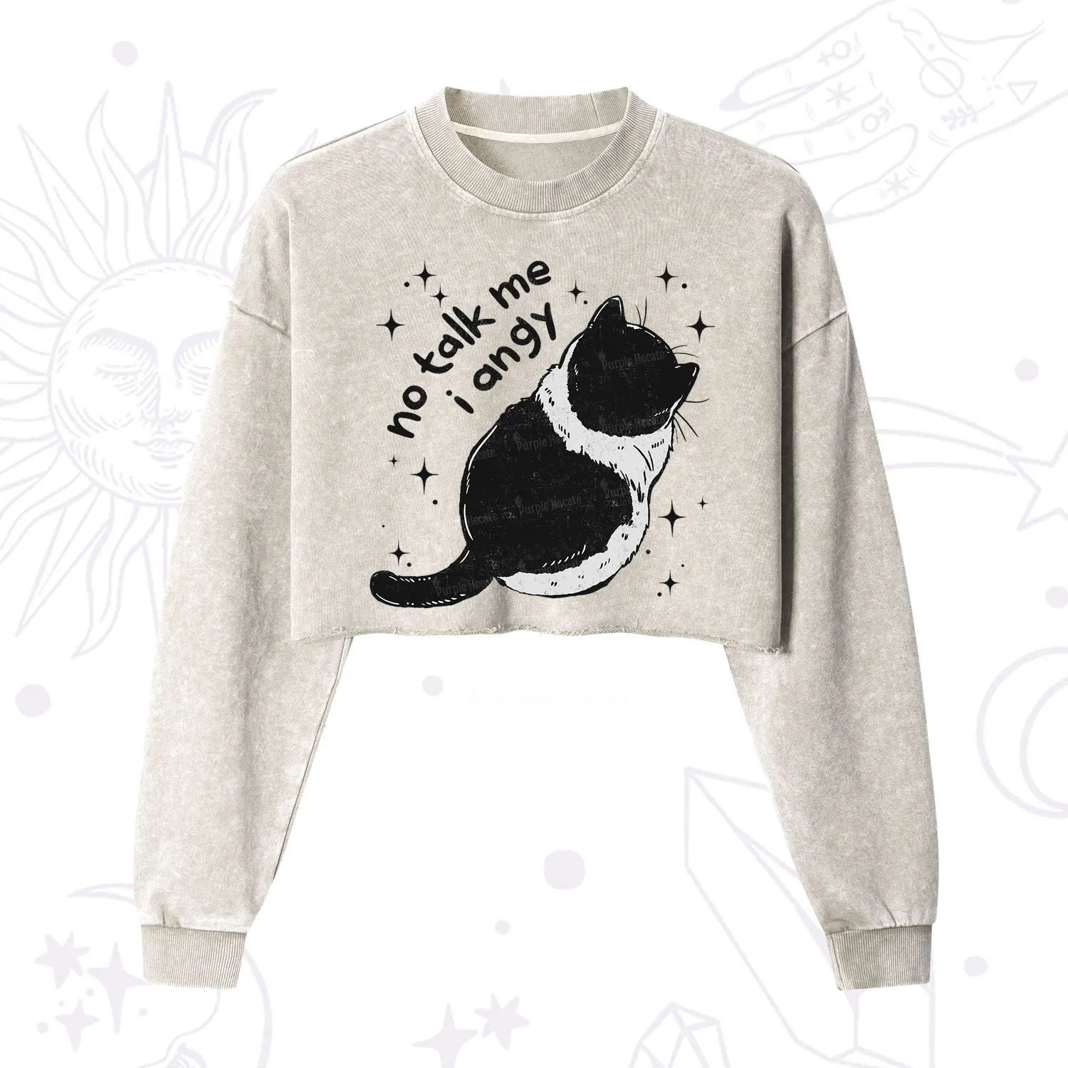 Purplehecate No Talk Me Im Angy Cat Cropped Washed Sweatshirt
