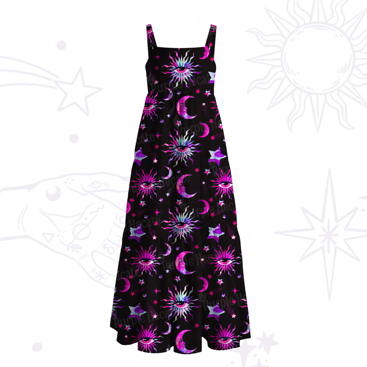 Purplehecate Celestial Eye Starlit Moon Wide Straps Maxi Dress